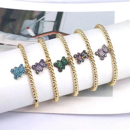 Cute Bear Copper Beaded Plating Inlay Zircon 18k Gold Plated Bracelets