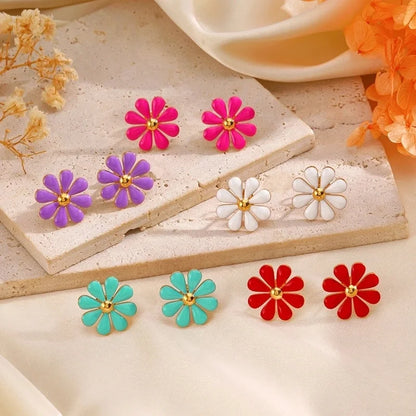 Minimalist Classic Style Flower 304 Stainless Steel Resin 18K Gold Plated Enamel Rings Earrings