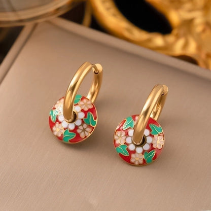 304 Stainless Steel 18K Gold Plated Retro Enamel Plating Round Flower Earrings Necklace