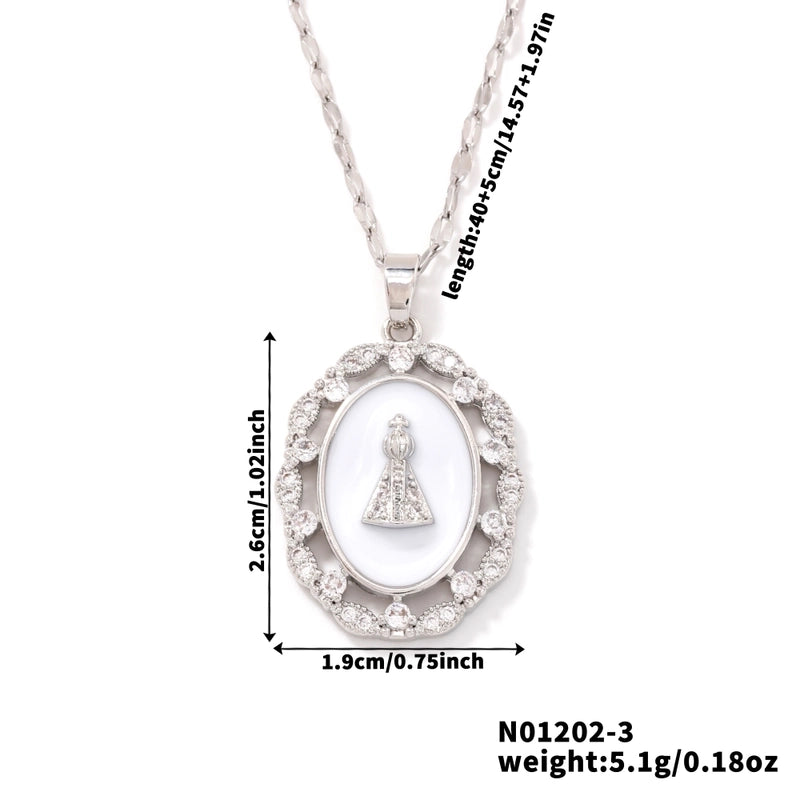 Vintage Style Religion Artistic Round Virgin Mary 304 Stainless Steel Copper Zircon K Gold Plated Inlay Pendant Necklace