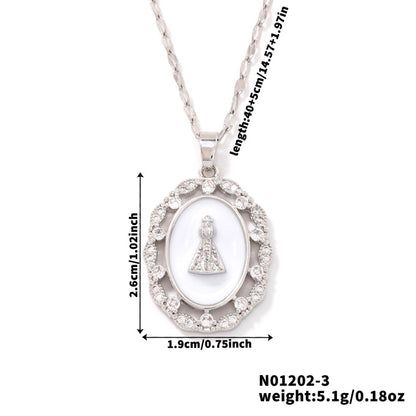 Vintage Style Religion Artistic Round Virgin Mary 304 Stainless Steel Copper Zircon K Gold Plated Inlay Pendant Necklace