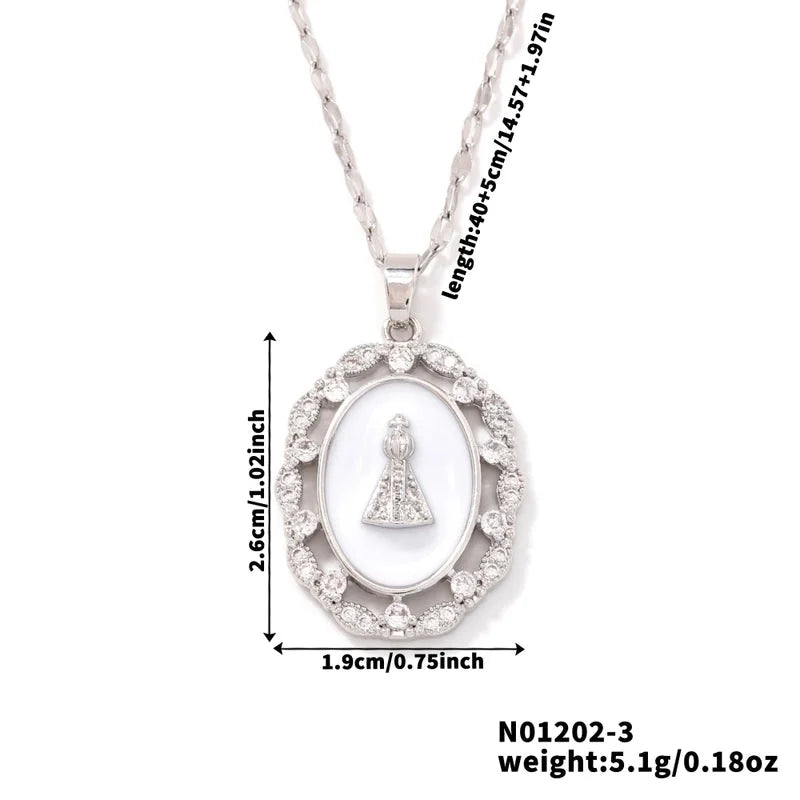 Vintage Style Religion Artistic Round Virgin Mary 304 Stainless Steel Copper Zircon K Gold Plated Inlay Pendant Necklace