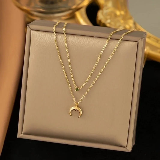 304 Stainless Steel 18K Gold Plated Minimalist Moon Artificial Rhinestones Layered Necklaces