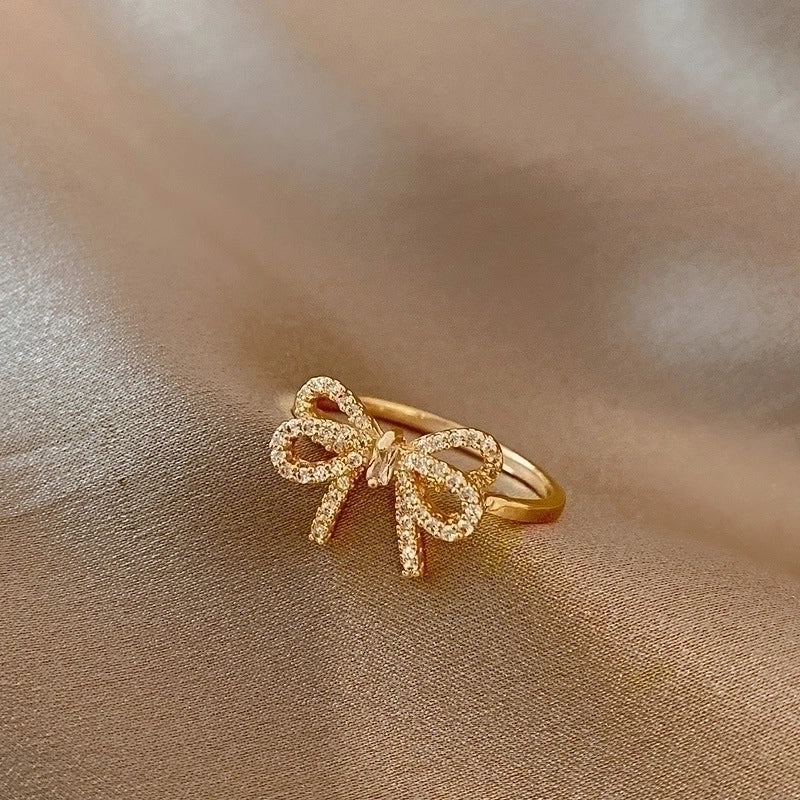 Fashion Leaf Flower Bow Knot Copper Plating Inlay Pearl Zircon Open Ring 1 Piece