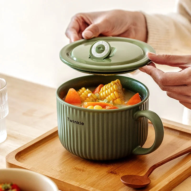 Sean Ceramic Instant Noodle Bowl With Lid Japanese Instant Noodle Cup For Student Dormitory