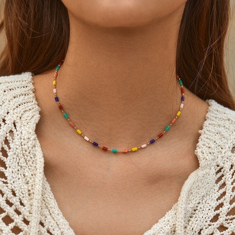 Retro Minimalist Geometric Copper Beaded Enamel Plating 18k Gold Plated Necklace