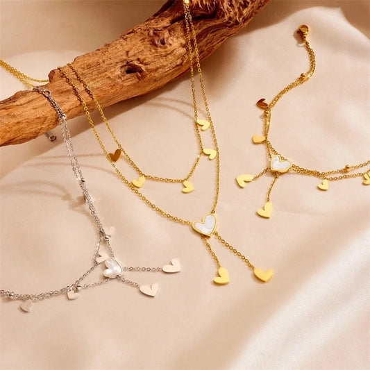 Elegant Minimalist Heart Shape Titanium Steel Acrylic Shell 18K Gold Plated Inlay Anklet Necklace