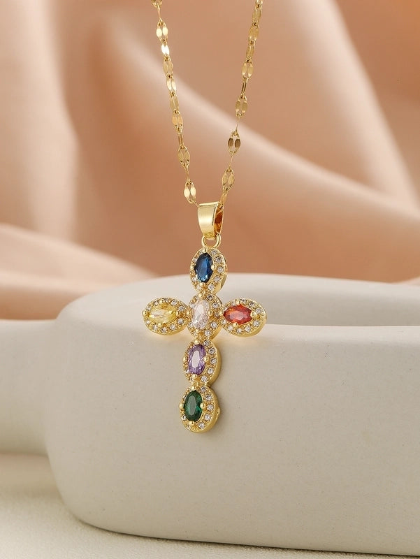 Copper Inlay Cross Rhinestones Pendant Necklace