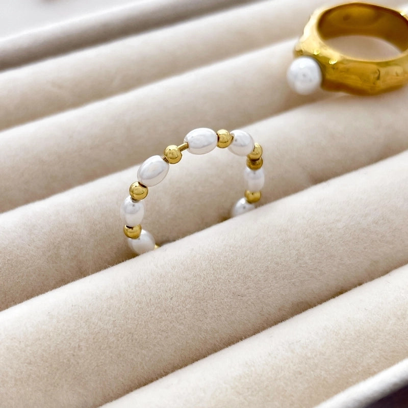 Retro French Style Geometric Titanium Steel Pearl Inlay Rings