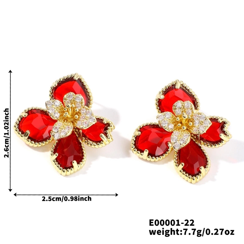 1 Pair Elegant Streetwear Flower Inlay Copper Resin Zircon K Gold Plated Ear Studs