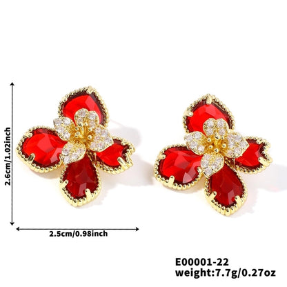 1 Pair Elegant Streetwear Flower Inlay Copper Resin Zircon K Gold Plated Ear Studs