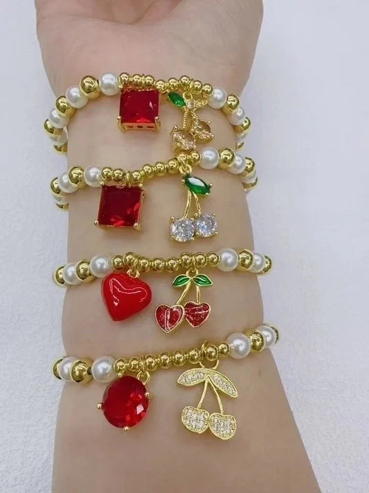 Casual Vacation Minimalist Cherry Heart Shape Copper Zircon 18K Gold Plated Enamel Bracelets