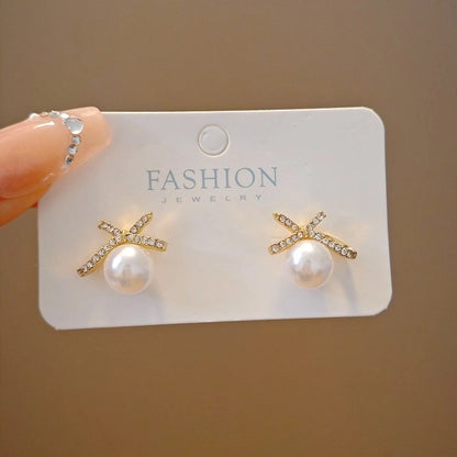 10 Pieces Minimalist Heart Shape Flower Bow Knot Imitation Pearl Alloy Rhinestone Irregular Women\'S Earrings 1 Pair