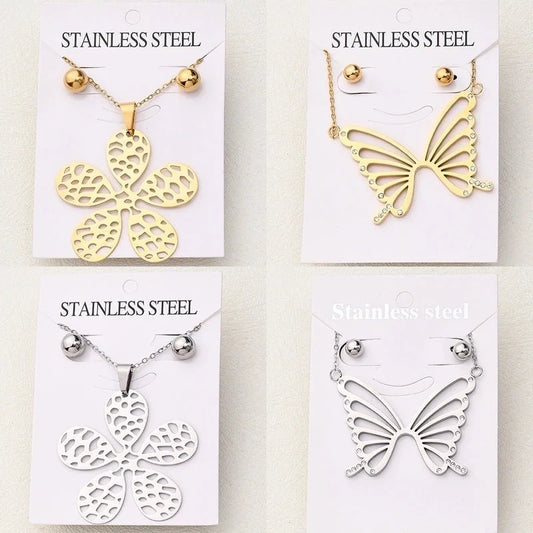 Basic Vacation Simple Flower Butterfly 304 Stainless Steel Rhinestones 18K Gold Plated Polishing Enamel Plating Jewelry Set