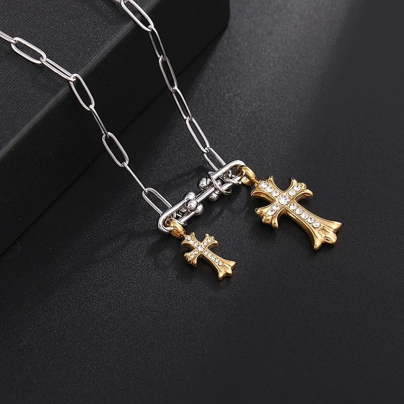 Classic Style Cross 304 Stainless Steel Rhinestones 18K Gold Plated Chain Pendant Necklace