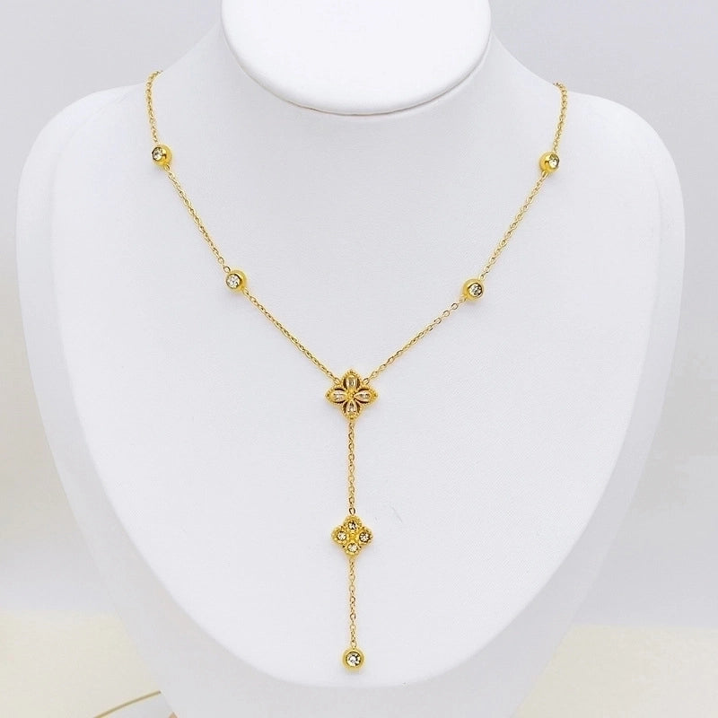 Elegant Four Leaf Clover 304 Stainless Steel Rhinestones Gold Plated Pearl Plating Inlay Bracelets Necklace Jewelry Set