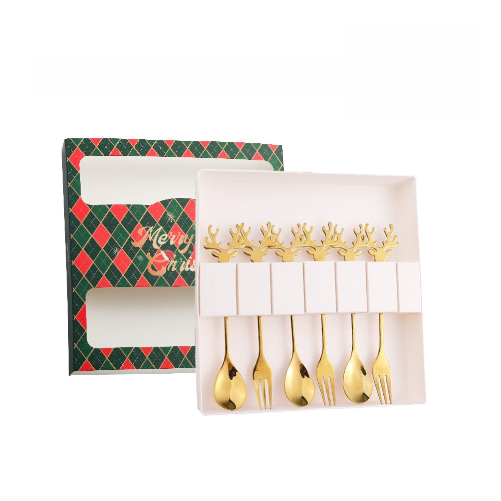 J304 Stainless Steel Elk Spoon And Fork Set Christmas Spoon And Fork Set Coffee Stirring Spoon Dessert Christmas Spoon