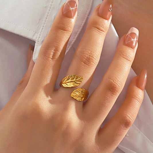 IG Style Classic Style Leaves 304 Stainless Steel 18K Gold Plated Open Rings