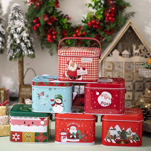 Christmas Cute Square Tinplate Holiday Family Gathering Candy Jar Gift Wrapping Supplies