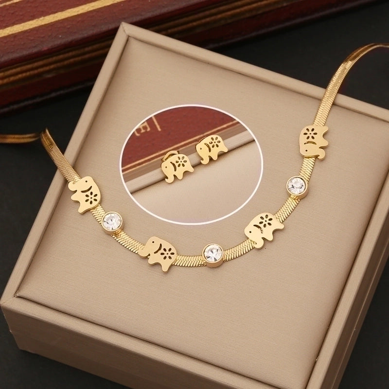 Stainless Steel 18K Gold Plated Fashion Inlay Animal Star Heart Shape Zircon Earrings Necklace