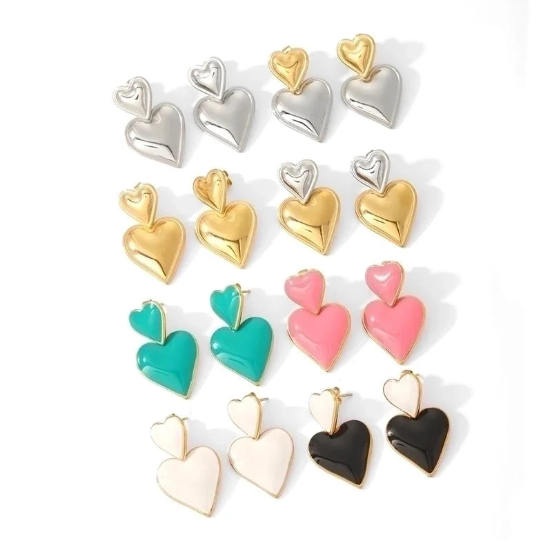 1 Pair Classic Style Heart Shape Polishing Epoxy Plating 304 Stainless Steel Drop Earrings