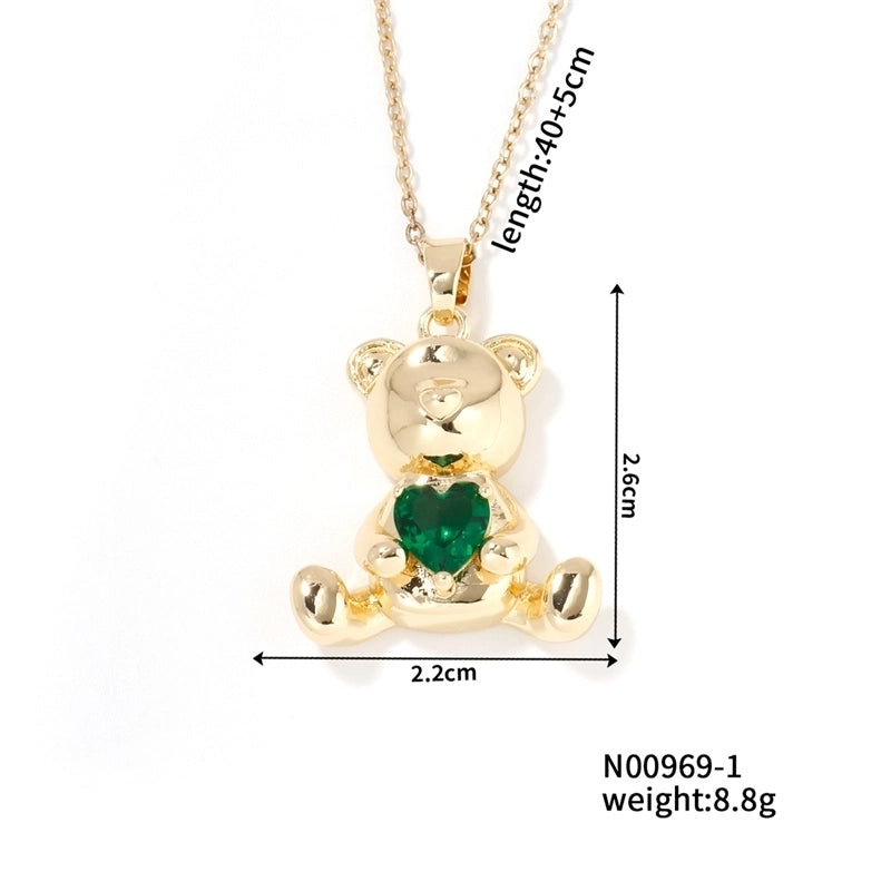 304 Stainless Steel Copper K Gold Plated Cute Sweet Korean Style Three-dimensional Inlay Little Bear Zircon Pendant Necklace