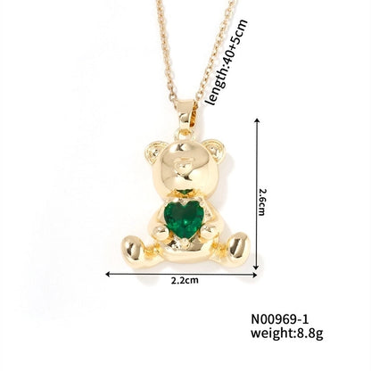 304 Stainless Steel Copper K Gold Plated Cute Sweet Korean Style Three-dimensional Inlay Little Bear Zircon Pendant Necklace