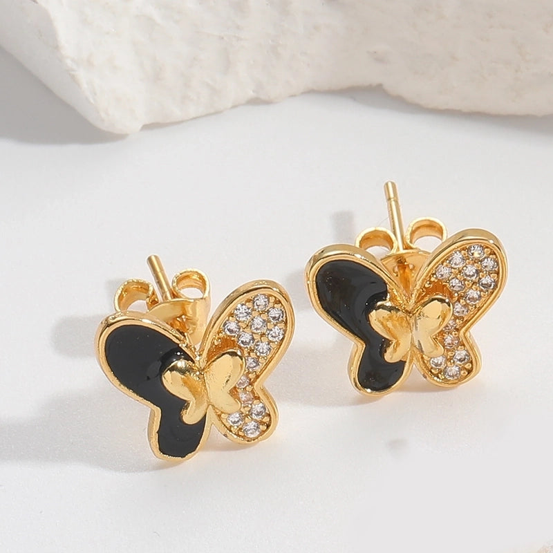 1 Pair Elegant Minimalist Commute Eye Butterfly Enamel Inlay Copper Zircon 14K Gold Plated Ear Studs