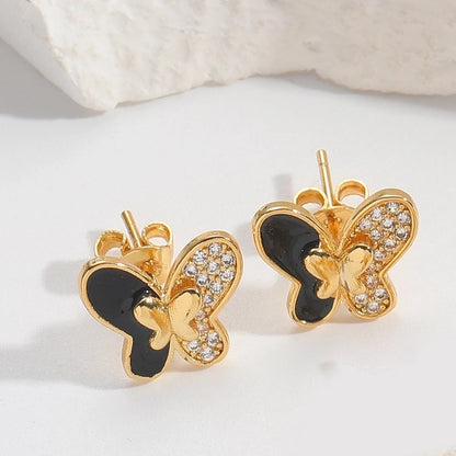 1 Pair Elegant Minimalist Commute Eye Butterfly Enamel Inlay Copper Zircon 14K Gold Plated Ear Studs