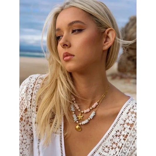 Vacation Marine Style Starfish Shell 304 Stainless Steel 18K Gold Plated Beaded Pendant Necklace