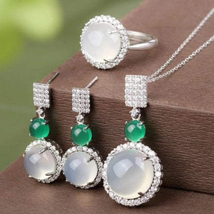 Temperament Fashion Natural Chalcedony Earring Ring Pendant Necklace Jewelry Set High Ice Complete Jade Three-piece Set