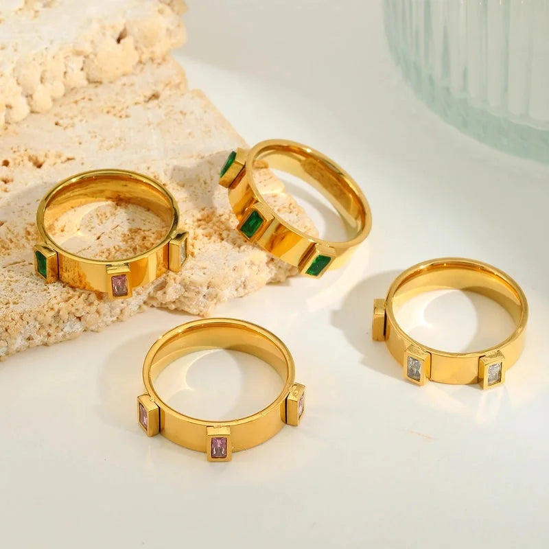 IG Style Basic Commute Solid Color 304 Stainless Steel Zircon 18K Gold Plated Plating Inlay Rings