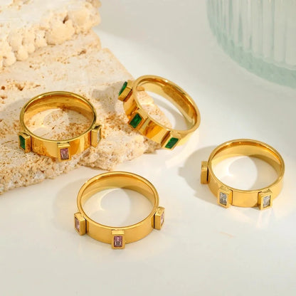 IG Style Basic Commute Solid Color 304 Stainless Steel Zircon 18K Gold Plated Plating Inlay Rings