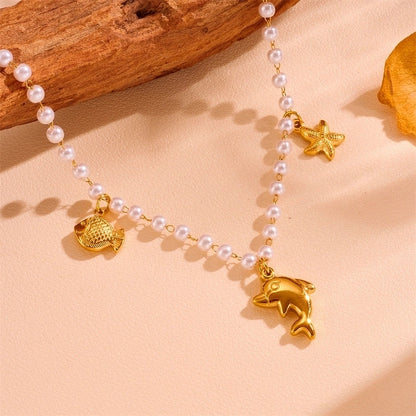 Cute Sweet Star Bow Knot Shell Titanium Steel Pearl 18K Gold Plated Hollow Out Inlay Pendant Necklace