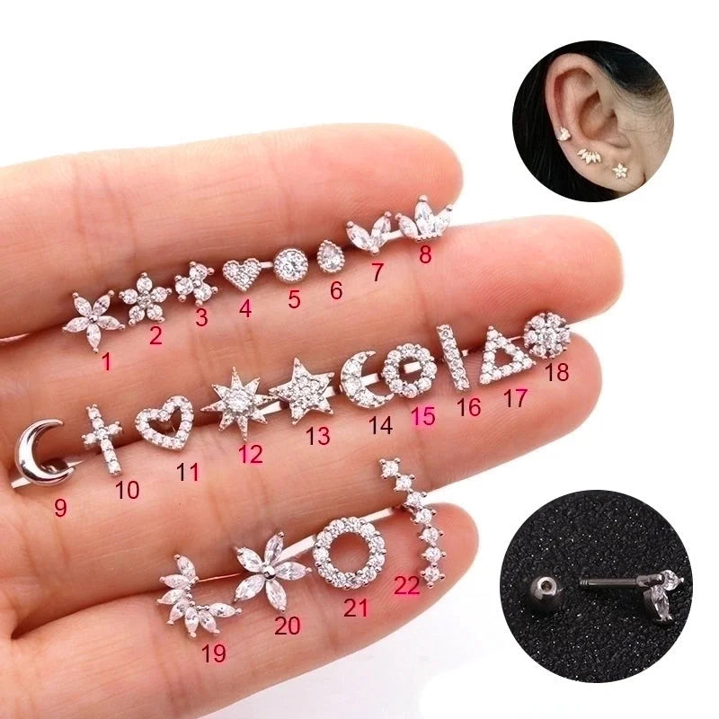 Ear Cartilage Rings & Studs Flower 316L Stainless Steel Copper Inlaid Zircon