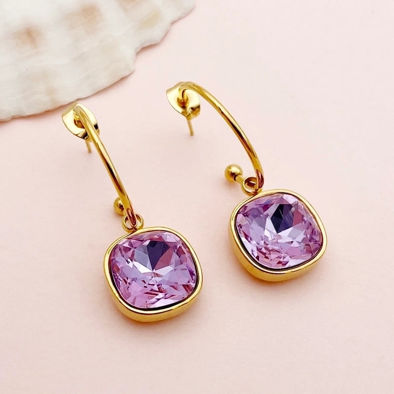1 Pair Elegant Lady Sweet Square Polishing Plating Inlay 304 Stainless Steel Zircon 14K Gold Plated Drop Earrings
