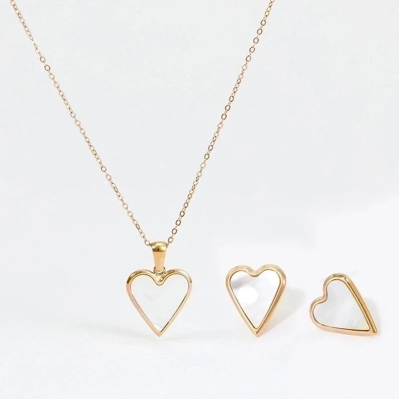 3 Pieces Fashion Heart Shape 304 Stainless Steel Shell 16K Gold Plated White Gold Plated Gold Plated Inlay Earrings Necklace