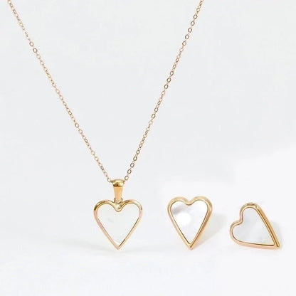 3 Pieces Fashion Heart Shape 304 Stainless Steel Shell 16K Gold Plated White Gold Plated Gold Plated Inlay Earrings Necklace