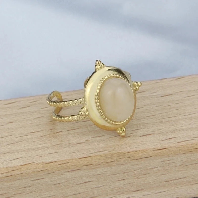 Minimalist Geometric 304 Stainless Steel Natural Stone 18K Gold Plated Hollow Out Open Ring