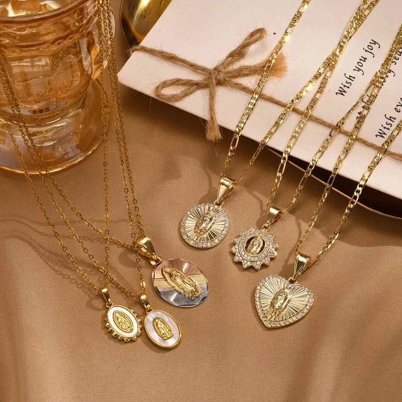 Religion Classic Style Human Virgin Mary 201 Stainless Steel Copper Shell Zircon 18K Gold Plated Pendant Necklace