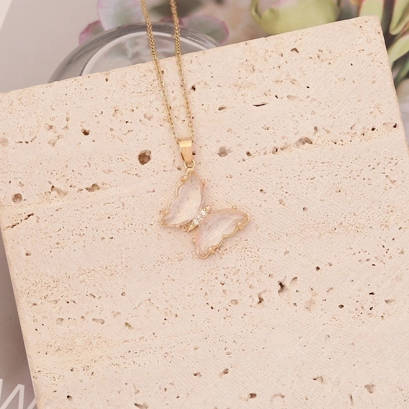 Stainless Steel Glass Copper 18K Gold Plated Cute Butterfly No Inlaid Pendant Necklace