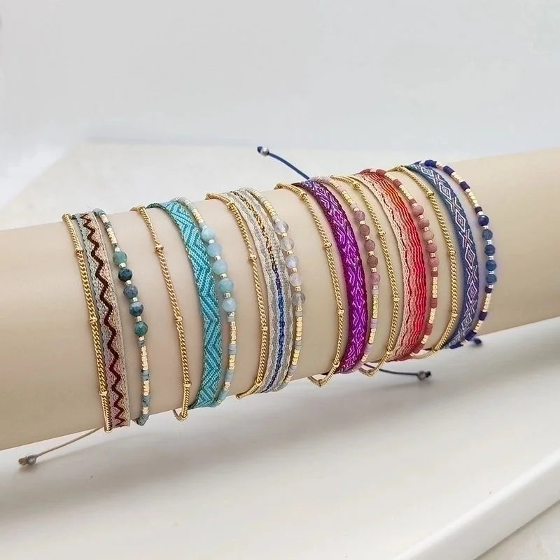 Minimalist Classic Style Color Block Natural Stone Layered Knitting 18k Gold Plated Bracelets