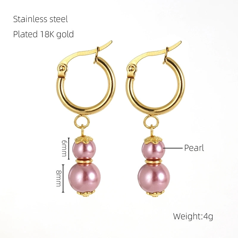 1 Pair Elegant Classical Round Pearl Plating 304 Stainless Steel 18K Gold Plated Drop Earrings