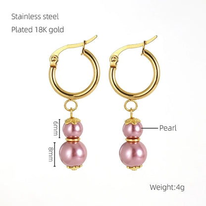 1 Pair Elegant Classical Round Pearl Plating 304 Stainless Steel 18K Gold Plated Drop Earrings
