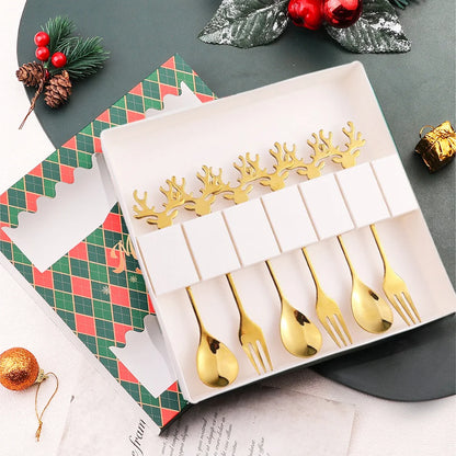 J304 Stainless Steel Elk Spoon And Fork Set Christmas Spoon And Fork Set Coffee Stirring Spoon Dessert Christmas Spoon
