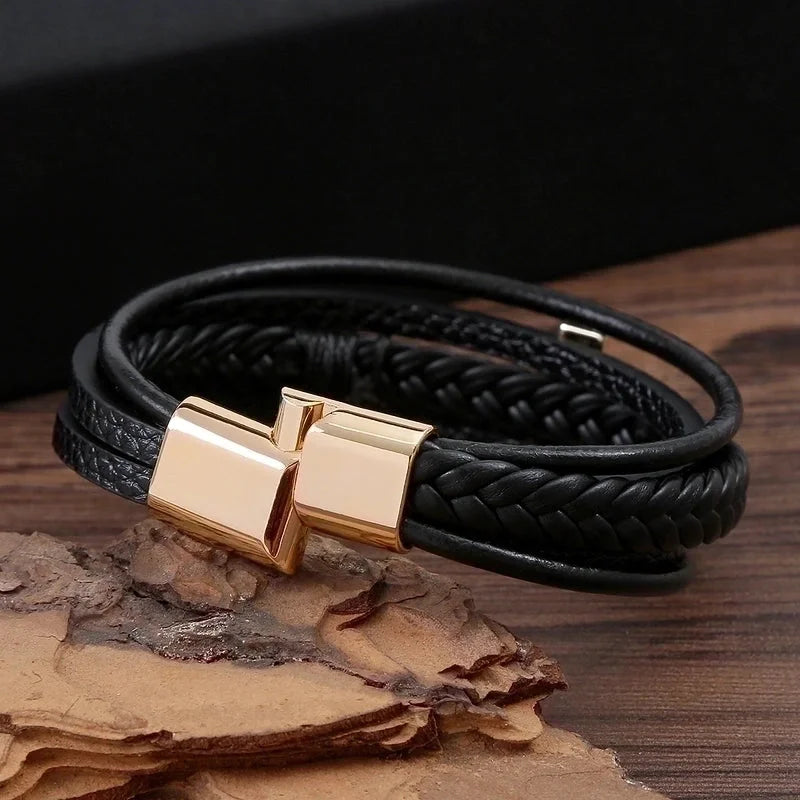 Casual Streetwear Cross 304 Stainless Steel Pu Leather Copper 18K Gold Plated Copper Bangle In Bulk