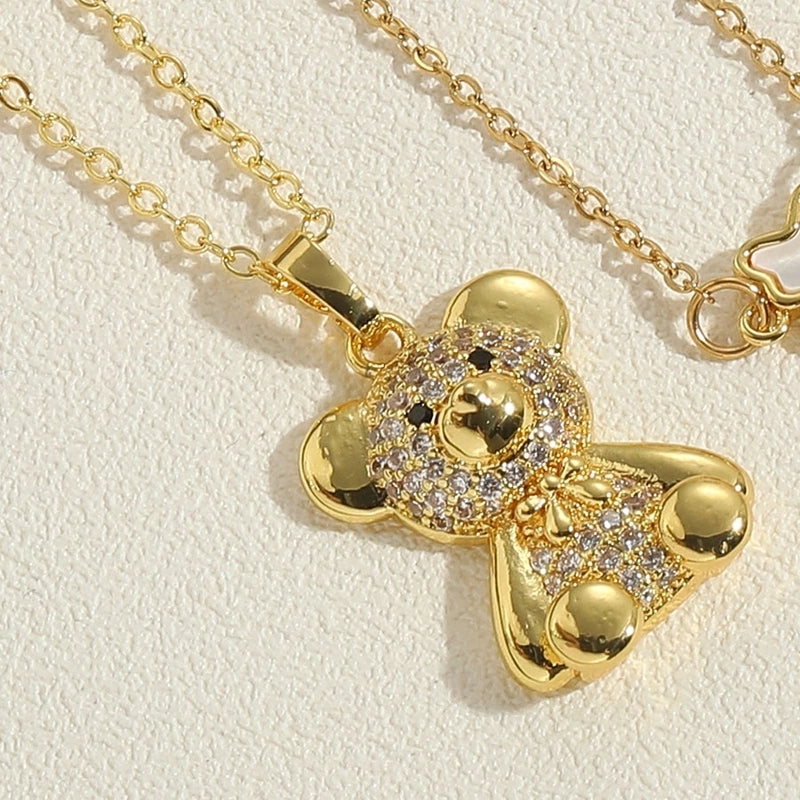 Vintage Style Minimalist Little Bear Stainless Steel Copper 14k Gold Plated Zircon Pendant Necklace In Bulk