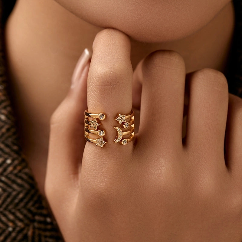 Copper 18K Gold Plated Inlay Semicircle Round Petal Zircon Open Rings