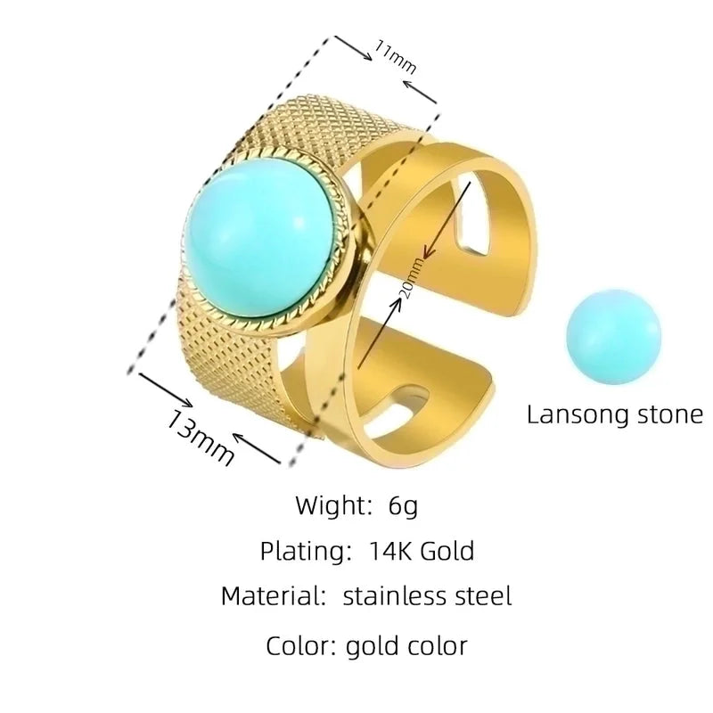 Fashion Geometric 304 Stainless Steel Natural Stone Shell 14K Gold Plated Plating Open Ring