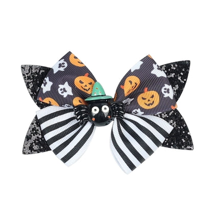 Funny Kid'S Halloween Pattern Pumpkin Bat Ribbon Sequins Bowknot Hair Clip